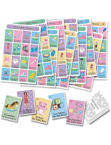 Baby Shower Loteria Bingo - Bilingual English & Spanish, for up to 10 Players