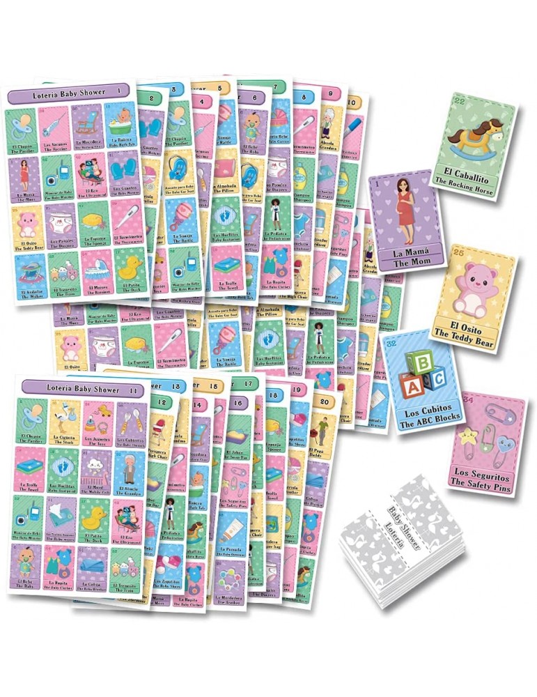 Baby Shower Loteria Bingo - Bilingual English & Spanish, for up to 30 Players