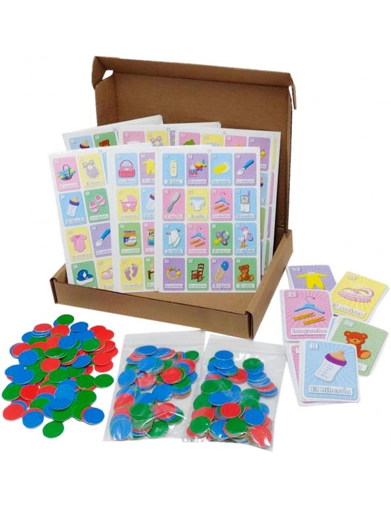 Deluxe Baby Shower Loteria Bingo Game Set in Spanish, for 30 Players with Chip