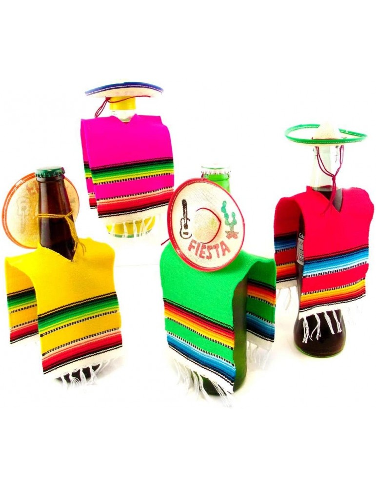 Set of 12 Serapes for Bottles and Mini Fiesta Hats for Bottles - 4 Inches by 11 Inches Poncho Cover, 3.5 Inches Wide Sombrero For Cinco De Mayo Party Decoration (12 of Each)