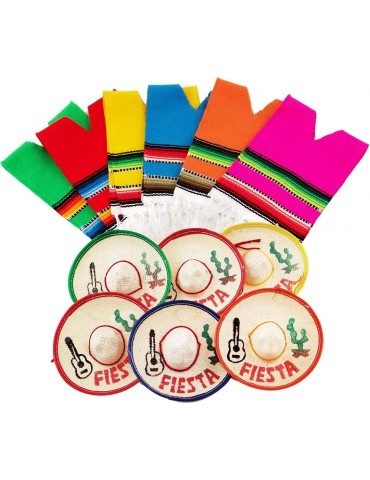 Set of 6 Serapes for Bottles and Mini Fiesta Hats for Bottles - 4 Inches by 11 Inches Poncho Cover, 3.5 Inches Wide Sombrero For Cinco De Mayo Party Decoration (6 of Each)