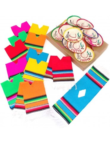 Set of 12 Serapes for Bottles and Mini Fiesta Hats for Bottles - 4 Inches by 11 Inches Poncho Cover, 3.5 Inches Wide Sombrero For Cinco De Mayo Party Decoration (12 of Each)