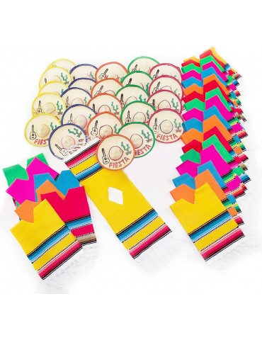 Set of 24 Serapes for Bottles and Mini Fiesta Hats for Bottles - 4 Inches by 11 Inches Poncho Cover, 3.5 Inches Wide Sombrero For Cinco De Mayo Party Decoration (24 of Each)