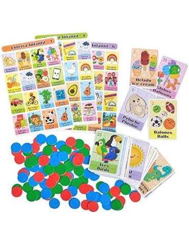 Loteria for Kids - Bilingual Bingo Game Set in English and Spanish, Mexican Loteria for 10 Players - 10 Boards and Full Deck of Cards with Chip