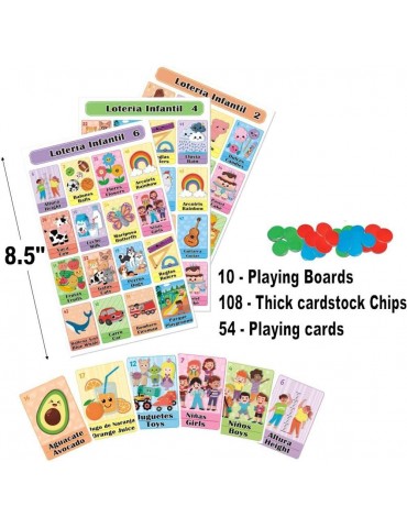 Loteria for Kids - Bilingual Bingo Game Set in English and Spanish, Mexican Loteria for 10 Players - 10 Boards and Full Deck of Cards with Chip