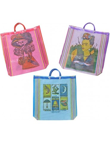 Large Size Gusseted Printed Mexican Mercado Bags,Set of 3 Designs Tote Market Reusable Grocery Bag, Multipurpose High Thread Mesh Bag with Assorted Colors (18" x18")