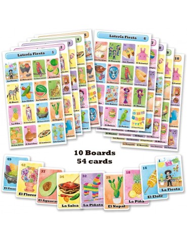 Mexican Loteria Fiesta Bingo Game in Spanish, for 10 Players