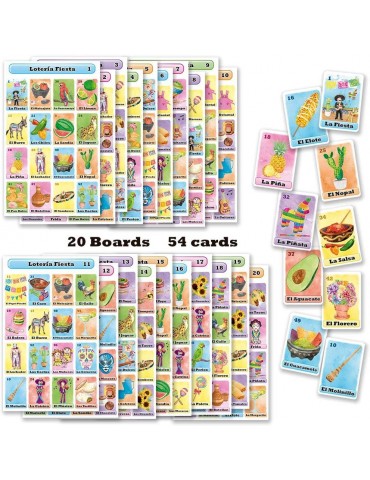 Mexican Loteria Fiesta Bingo Game in Spanish, for 20 Players