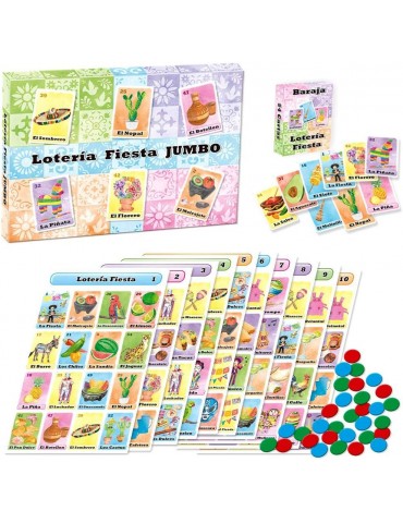 Jumbo Loteria Fiesta Bingo Deluxe Game Set in Spanish, for 10 Players - 10 Large Size Boards and Full Deck of Cards with Chips