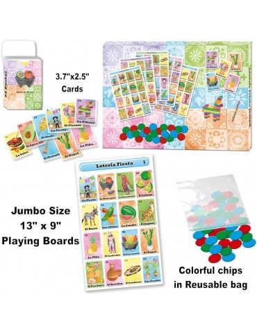 Jumbo Loteria Fiesta Bingo Deluxe Game Set in Spanish, for 10 Players - 10 Large Size Boards and Full Deck of Cards with Chips