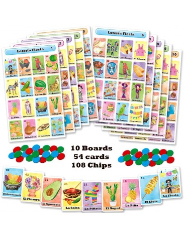 Jumbo Loteria Fiesta Bingo Deluxe Game Set in Spanish, for 10 Players - 10 Large Size Boards and Full Deck of Cards with Chips