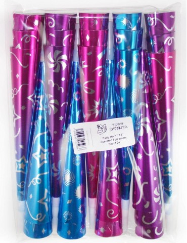 Printed Foil Party Horns - Noisemakers, 12" Long - Set of 24